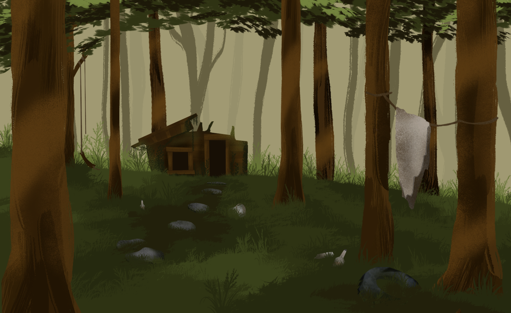 digital drawing of a forest clearing with a dog standing over a stuffed horse while two foxes look ready to attack