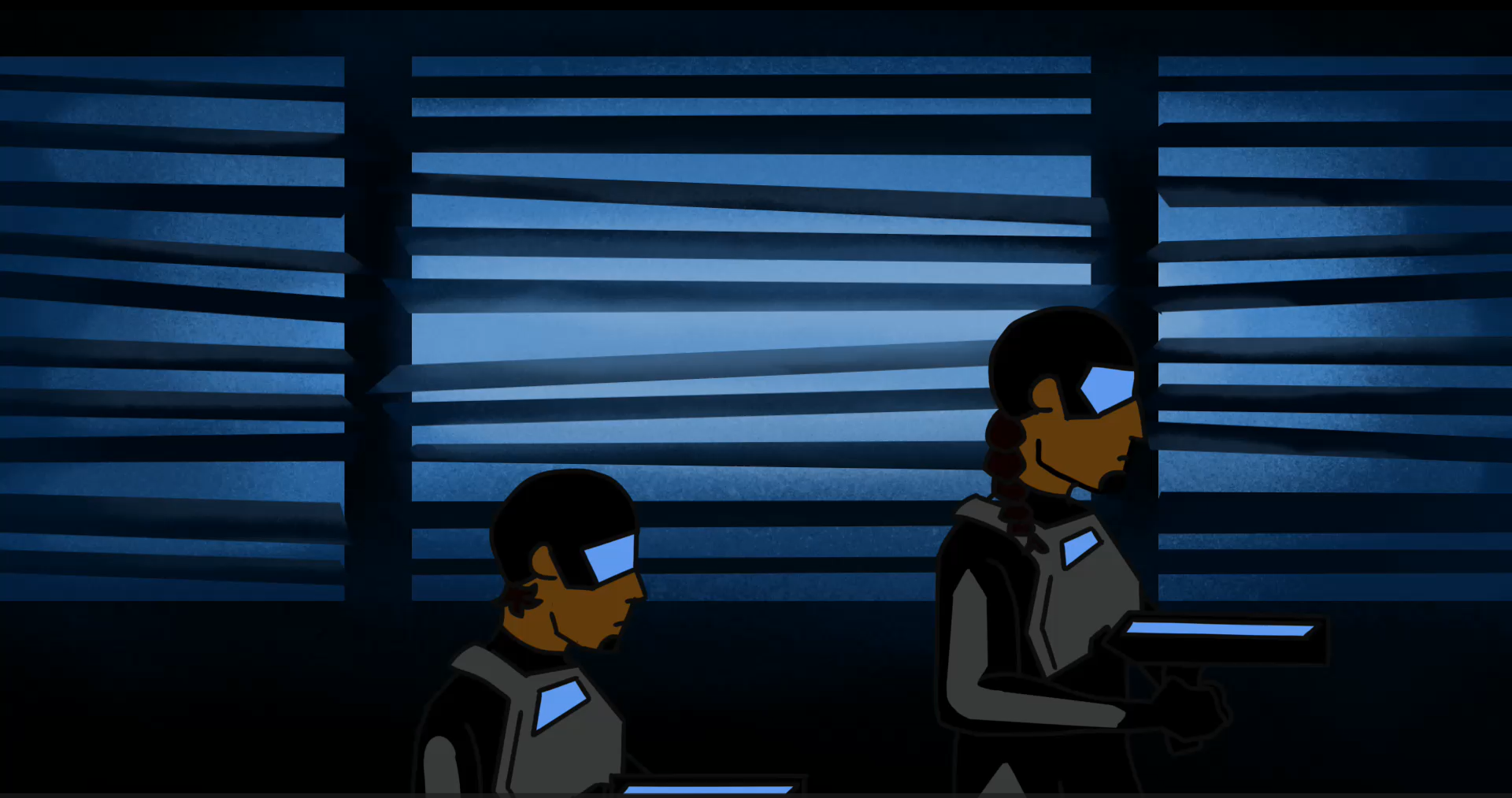 Digital drawing of a dark window with broken blinds and blue light spilling through. Two figures walk in front of it.